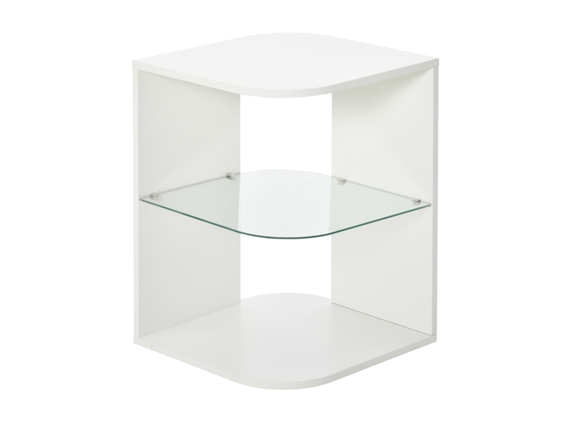 Mesita Auxiliar Blanca Con 3 Estantes Y Tablero De Cristal Para Salón O Dormitorio.