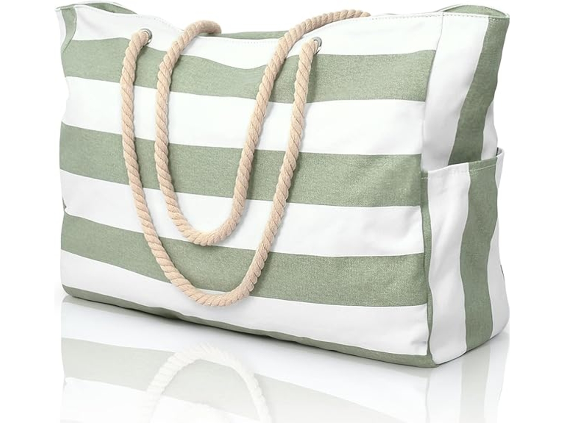 Bolsa de playa grande impermeable, color verde matcha con rayas blancas, modelo Tommy01.