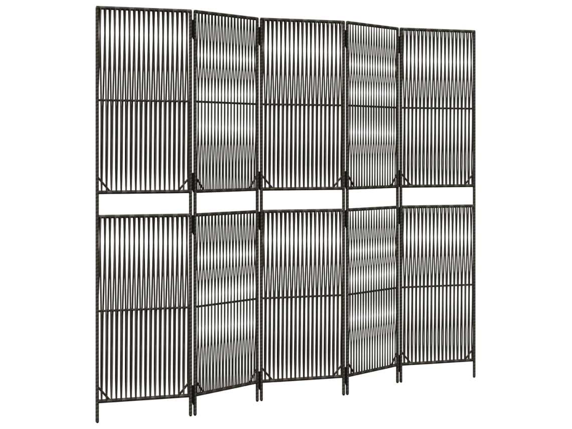Biombo separador de ambientes, 5 paneles en resina tejida gris y acero Dec030974
