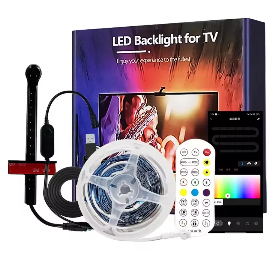 Tira LED inteligente de 5 metros, selección de color con realidad aumentada e iluminación ambiental RGB para pantallas de 55 a 85 pulgadas.