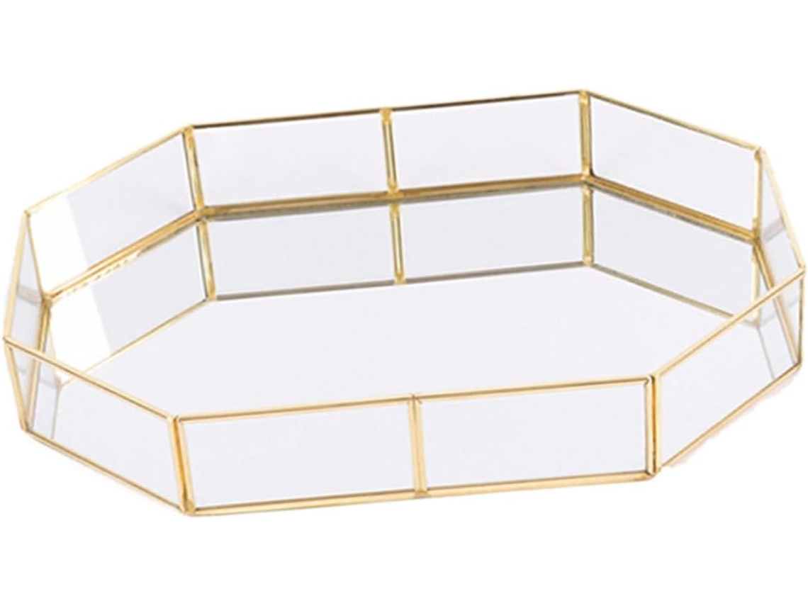 Bandeja Cosmética Poligonal De Vidrio Con Rayas De Cobre Para Guardar Joyas Y Maquillaje.