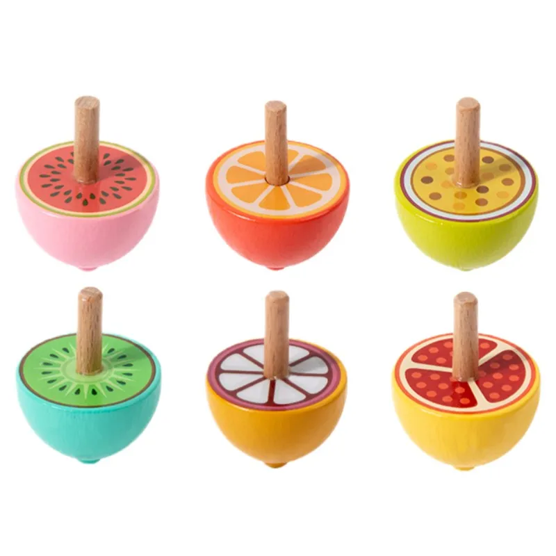 Juego de 6 peonzas de madera, peonzas Montessori coloridas con diseños de dibujos animados.