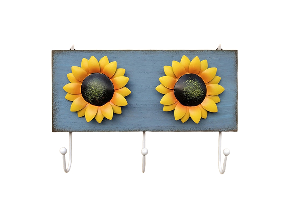 Arte de pared de girasol, estilo pastoral de hierro y madera, con ganchos azules