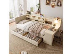 Sofá Cama 90x200 Cm Con Escritorio, Led, Usb/usb-c, Cajones, Almacenamiento, Beige, Sin Colchón.
