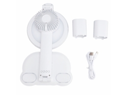 Lámpara de escritorio LED con ventilador, portalápices, ajuste continuo y pantalla USB.