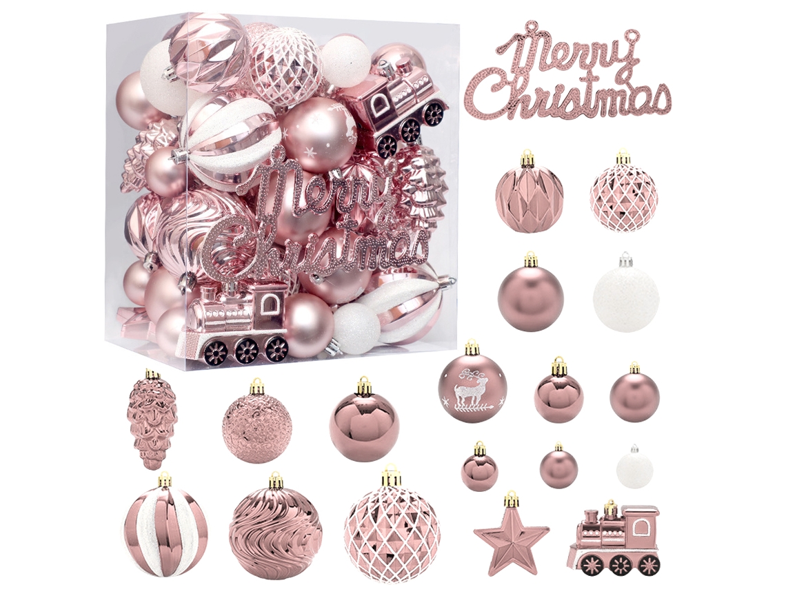 Set de Bolas Navideñas de Plástico Pintadas en Rosa CUICH - 65 unidades