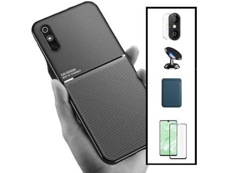 Kit Funda Magnetic Lux, Magnetic Wallet Azul, 5D Full Cover, Protector de Cámara Trasera y Soporte Magnético de Coche Xiaomi Redmi 9A Sport PHONECA...