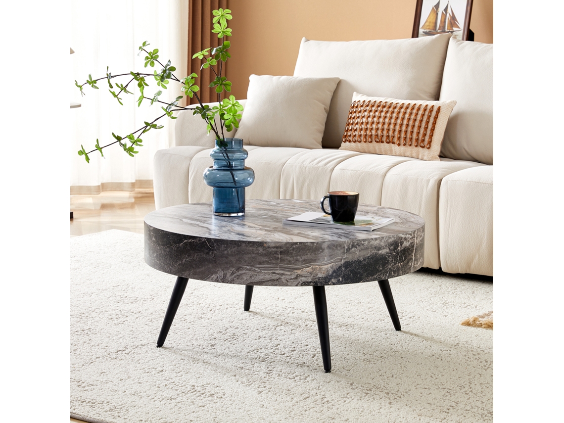 Mesa De Centro Redonda De Mdf, Mármol Gris Y Metal Negro, 70 Cm.