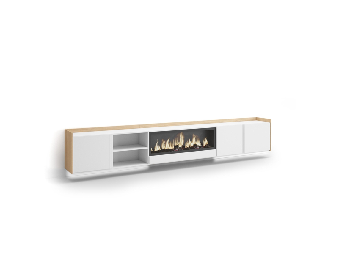 Mueble Tv, Televisión, 315x35x50cm, Para Tv Hasta 80", Chimenea Eléctrica Xxl, Colgado, Suspendido, Led, Blanco Y Roble Soft