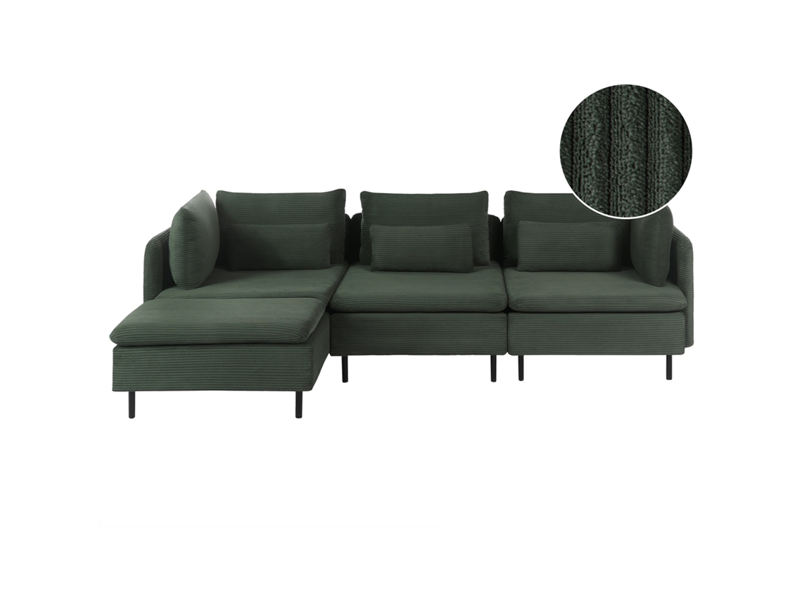 Sofá De Canto Modular De 3 Lugares Estofado Beliani Egeris De Bombazine Verde 275x149x80