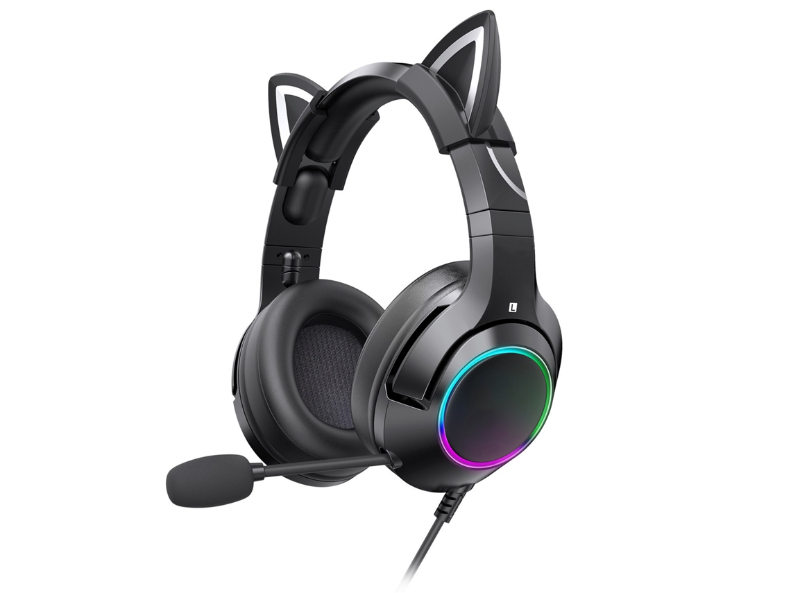 Fone De Ouvido Gamer Com Orelhas De Gato Fofas Rgb Headband Ajustável Fio Com Microfone Para Meninas Preto Plug 3.5mm