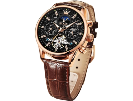 VEANXIN Reloj hueco para hombre, automático, mecánico, de cuero, fase lunar, luminoso, resistente al agua(rostro negro)