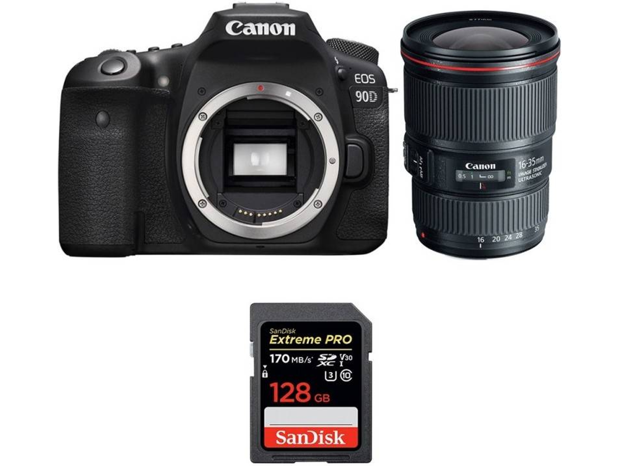 Kit Cámara Réflex CANON EOS 90D + EF 16-35mm f/4L IS USM + SanDisk 128GB