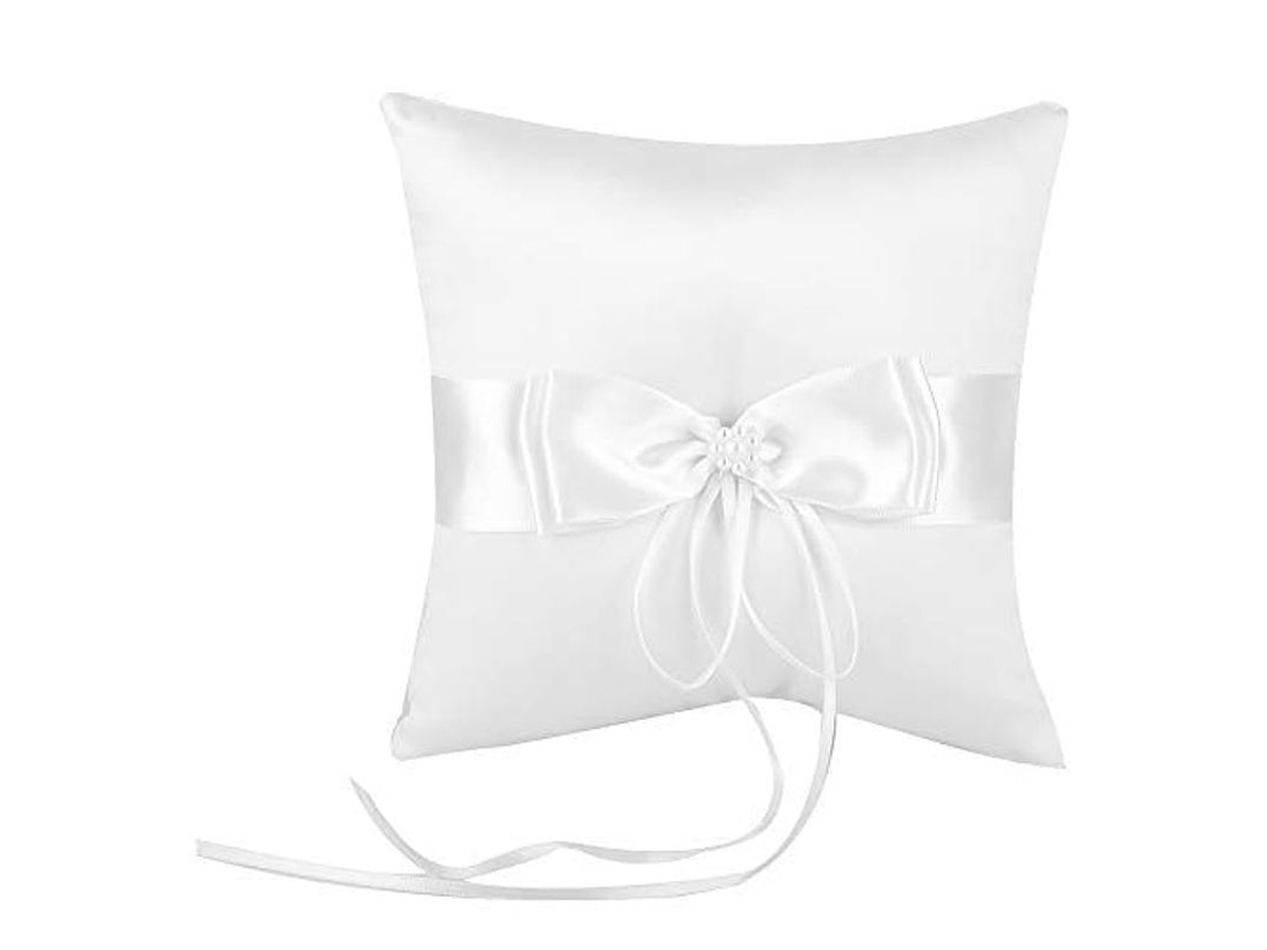 Almohadilla Para Anillos De Boda De Seda Blanca Con Moño Y Perlas Simuladas 15x15cm