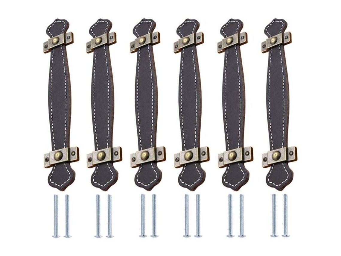 Juego De 6 Tiradores De Cuero Negro Para Muebles, Cajones Y Puertas, Con Una Distancia Entre Orificios De 128 Mm.