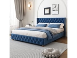 Cama De Matrimonio De 160x200 Cm, Terciopelo Azul, Botones Decorativos, Patas De Madera, Elegante.