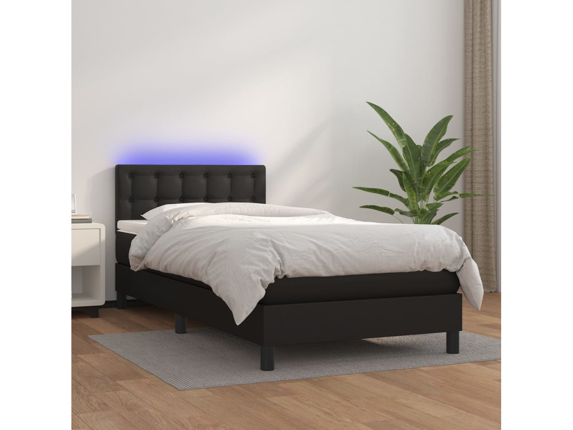 Cama Box Spring Y Colchón Led Cuero Sintético Negro 90x200 Cm
