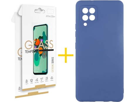 Funda y Protector 2x de Vidrio Samsung Galaxy A42 5G SKYHE Silicona Líquida Azul