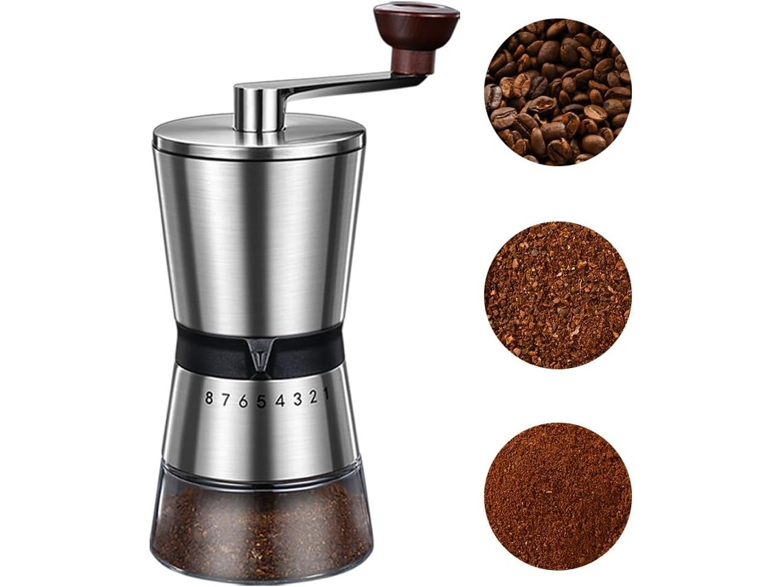 Molinillo de café manual con 8 niveles de molienda ajustables, funcionamiento con manivela, gran capacidad, portátil. Sfushos