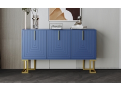 Aparador moderno con estantes ajustables, 3 puertas con patrón en U, tiradores y base de metal azul.