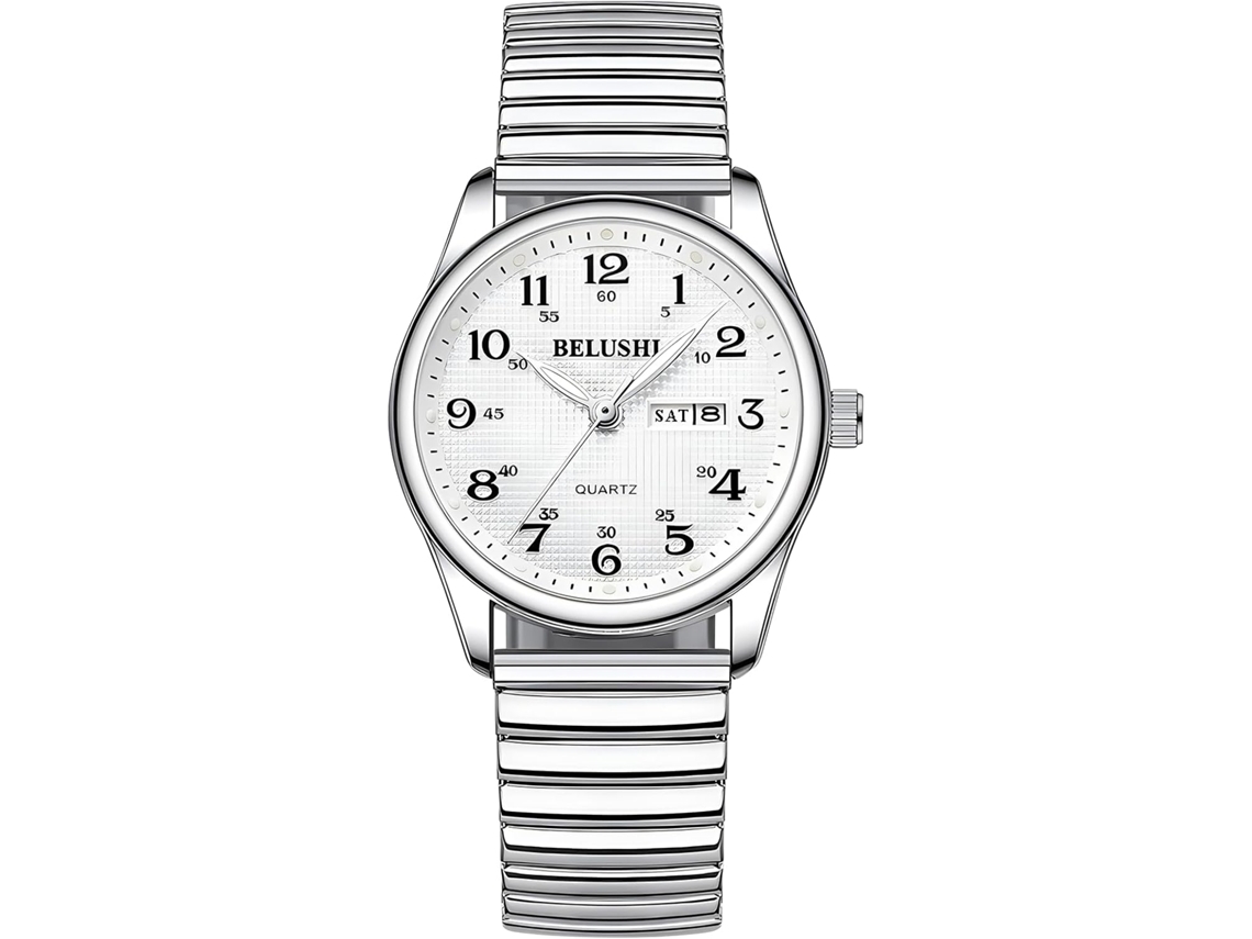Reloj para personas mayores con números grandes, calendario, banda elástica de acero inoxidable bicolor resistente al agua hasta 30 m