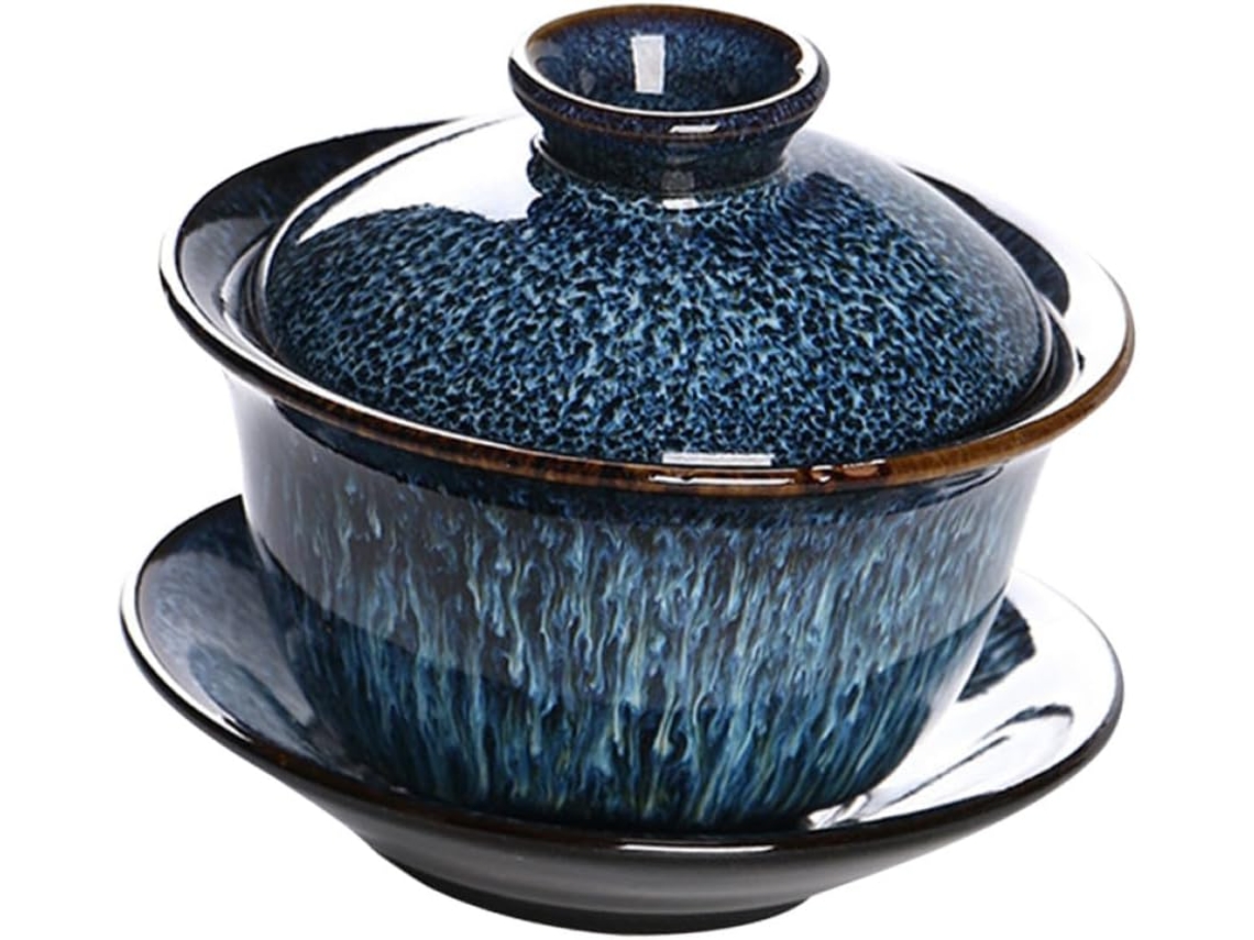 Delicado Juego De Té Chino De Estilo Retro En Cerámica Azul, 140 Ml Con Tapa.
