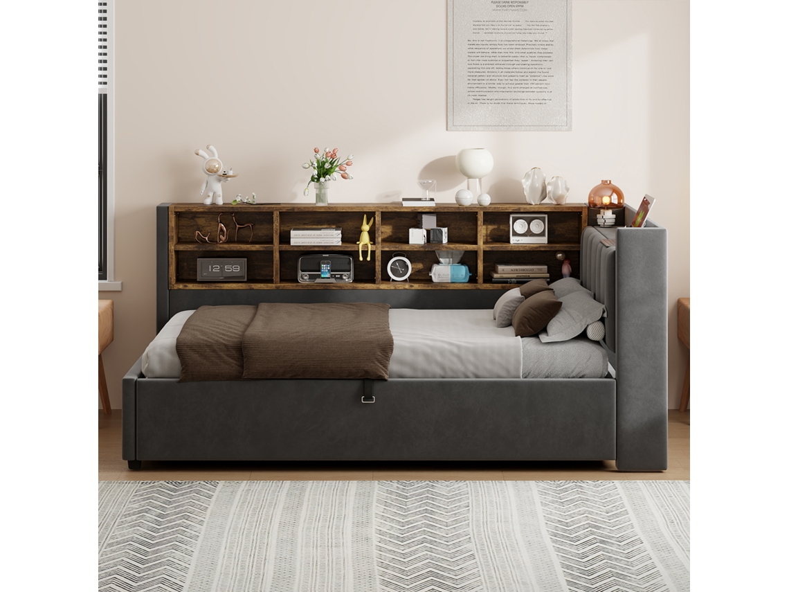 Sofá cama de 90 x 200 cm con espacio de almacenamiento hidráulico, luz de noche, enchufes USB y tipo C, y estantes gris oscuro Mobrio