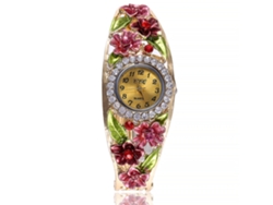 Reloj De Pulsera De Cuarzo Para Mujer Ccq, Esfera Redonda, Decoración Floral, Piedras Rojas.