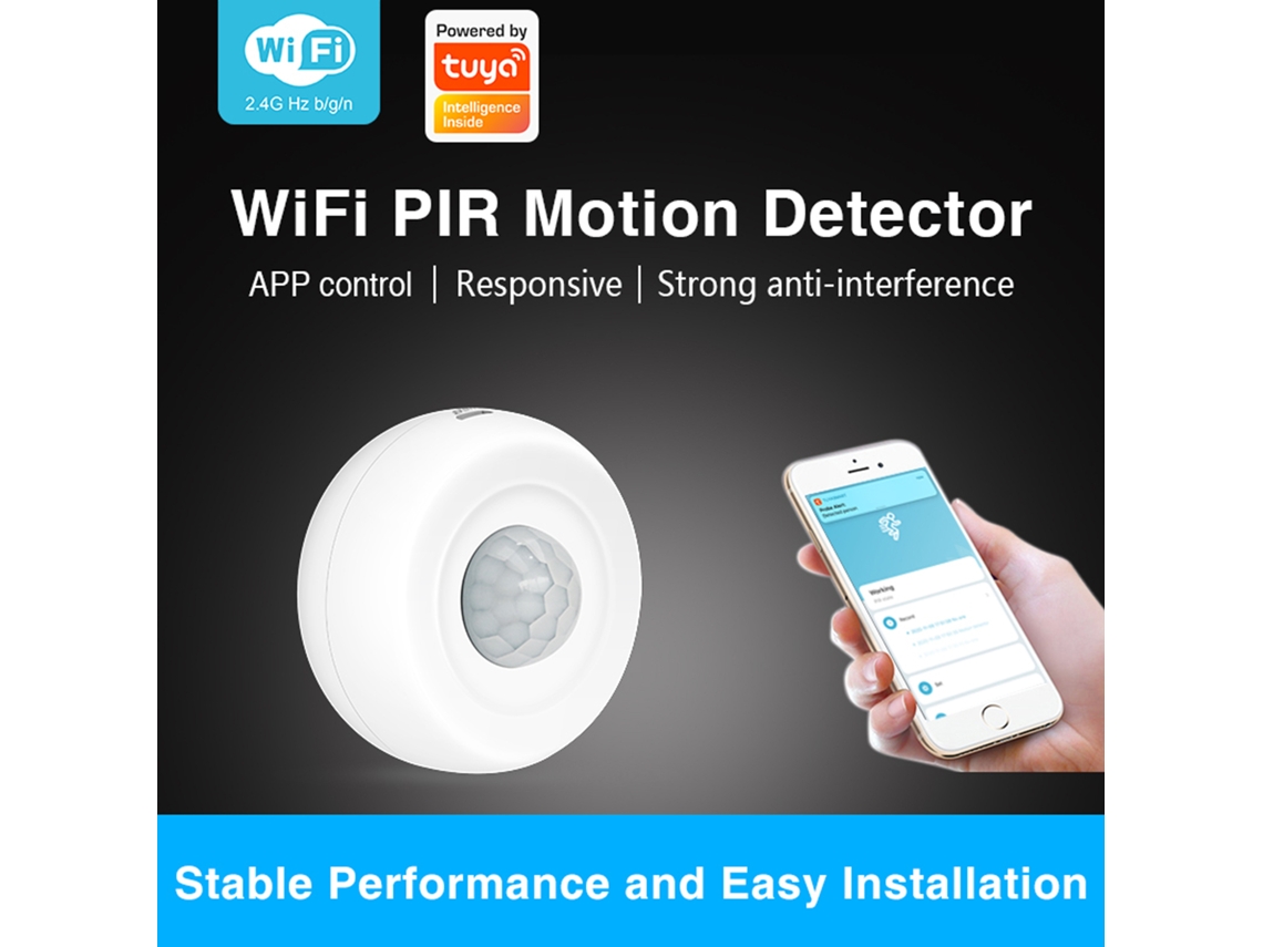Sensor de movimiento PIR Wi-Fi inteligente 2026, con alimentación por batería/USB y detección de luz, ideal para hogares, oficinas y centros comerciales.