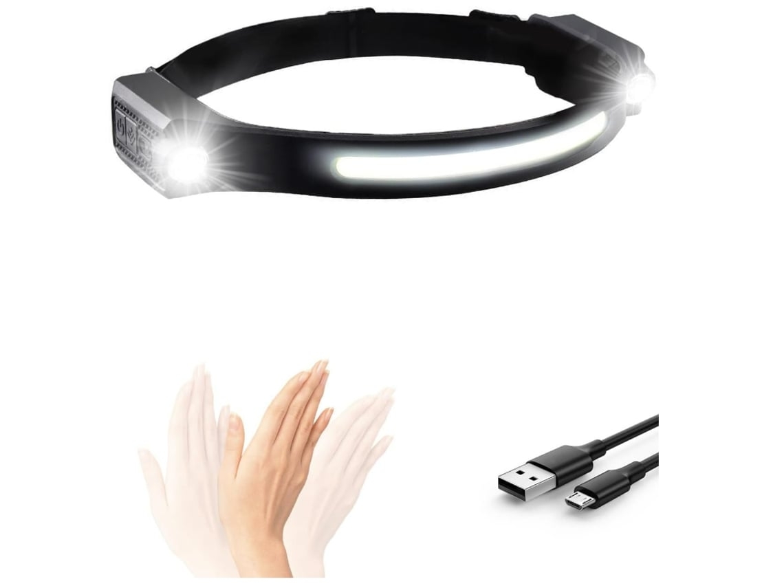Linterna frontal LED recargable, 1200 lm, 2 puntos de luz, 5 modos de iluminación, ligera, con sensor de movimiento, resistente al agua IPX4, color negro, Yunzii