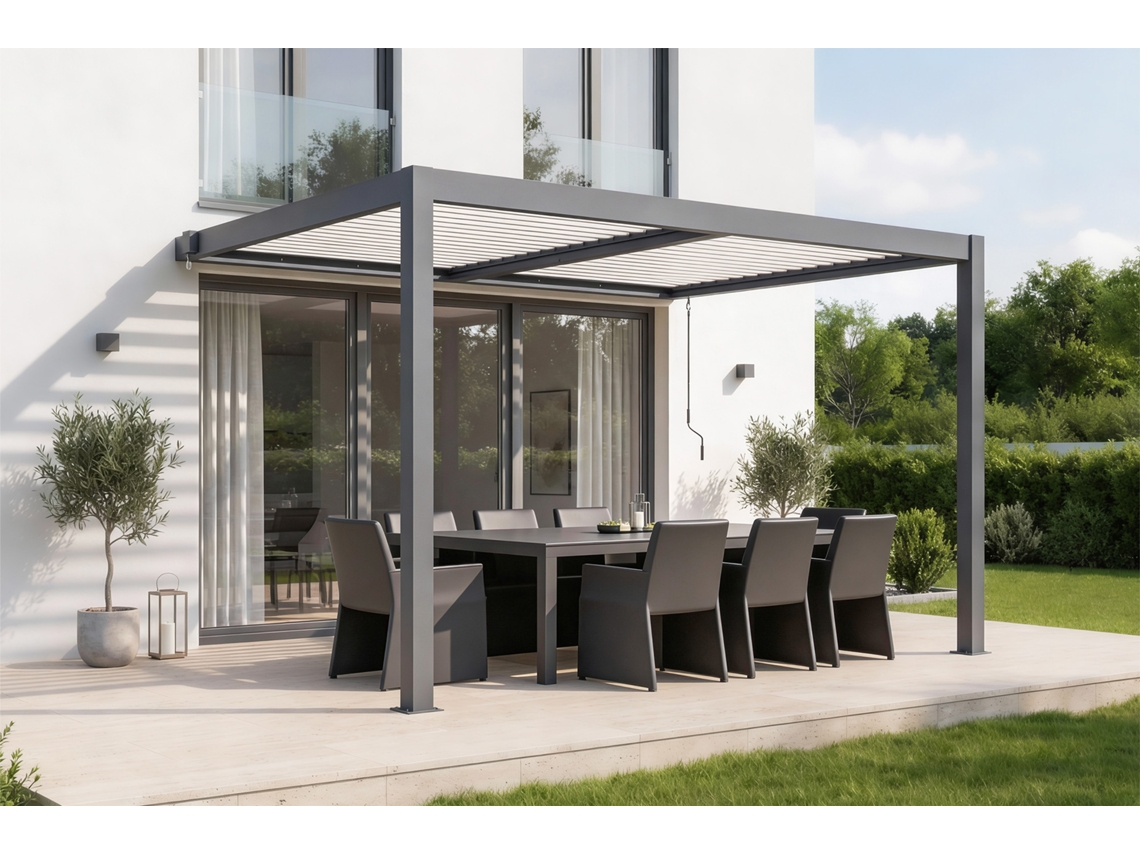 Pérgola Bioclimática Agosta 4x3, de Pared, 250 cm de Alto - Aluminio Gris con R