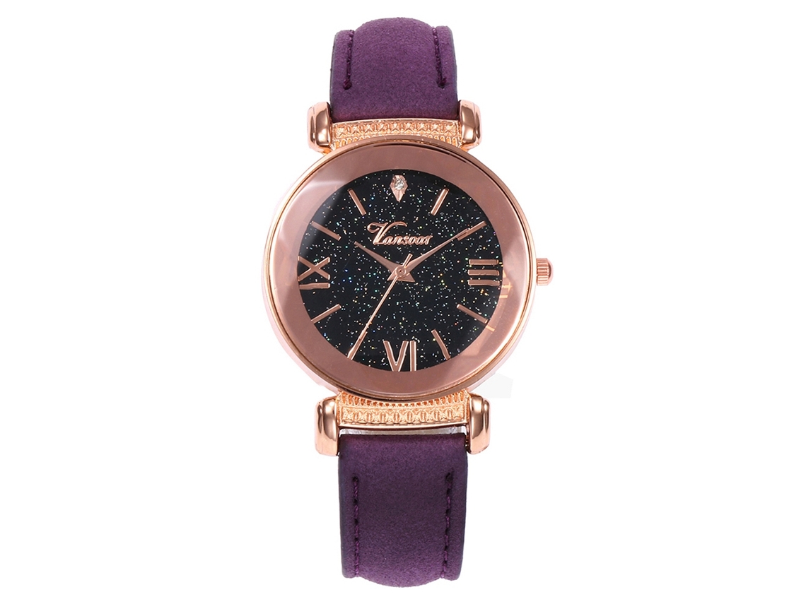 Reloj De Pulsera De Cuarzo Para Mujer Con Correa De Piel Sintética Y Diamantes De Imitación, Esfera Morada Brillante.