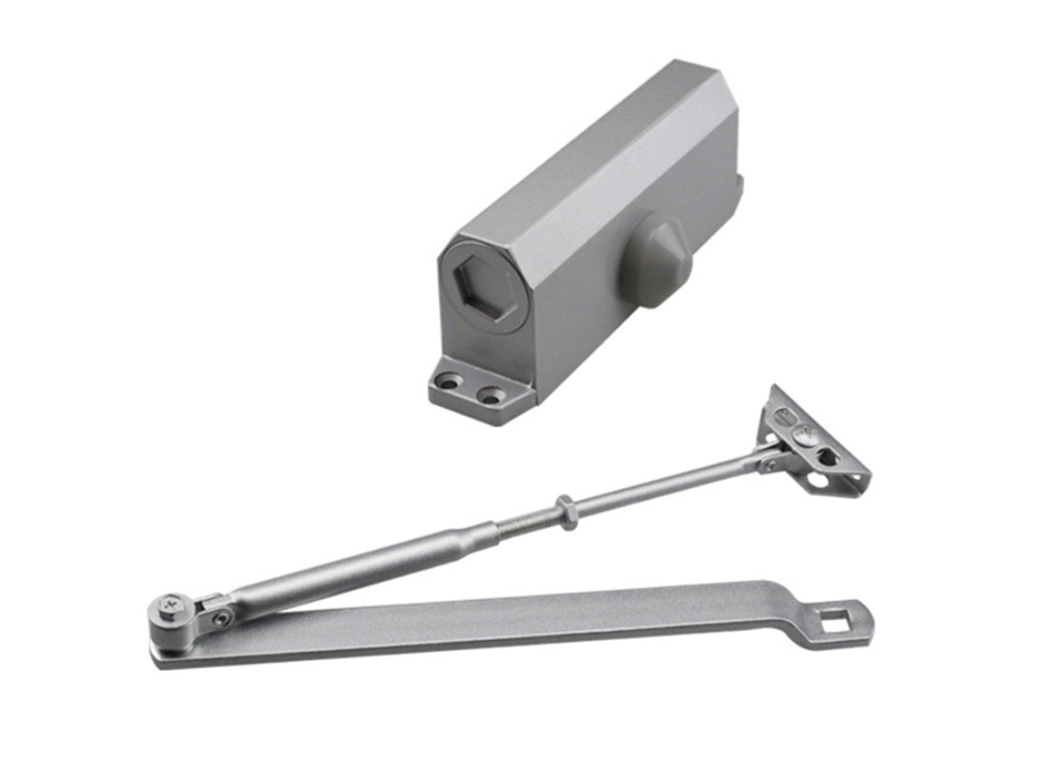 Cierrapuertas de acero y aluminio plateado para uso comercial, de alta resistencia, 60-85 kg, universal.