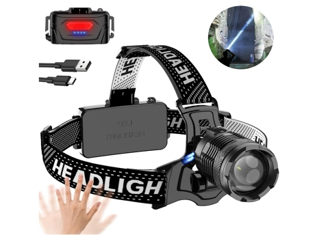 Linterna frontal recargable, linterna frontal LED ajustable con batería, linterna frontal USB de 10000 lúmenes para correr y acampar (negro) CHRONUS
