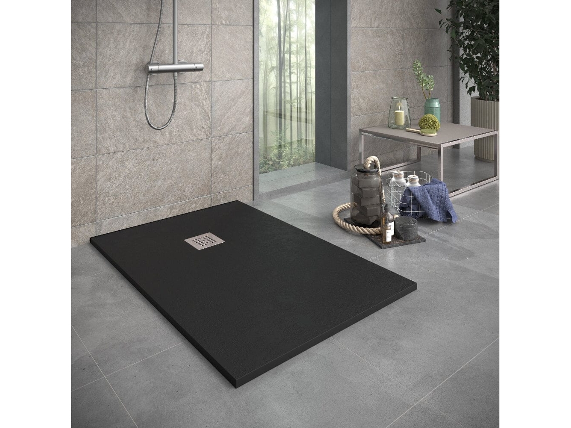 Base de Duche em Resina Sierra Preta 200x80 Cm Grade em Aço Inoxidável RC