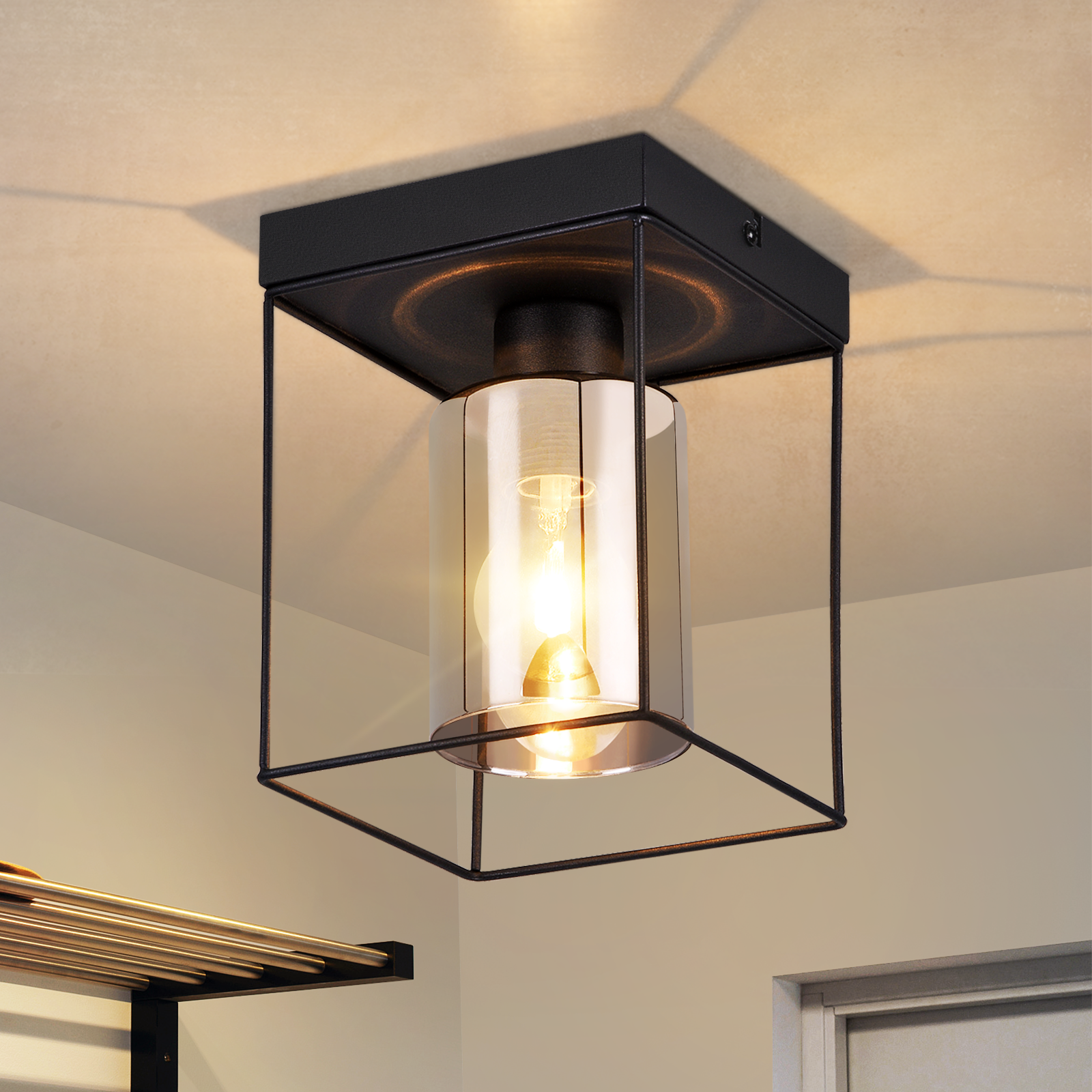 Lámpara de techo para pasillo, de cristal, 1 bombilla vintage E27 de metal negro, estilo industrial retro Nettlife