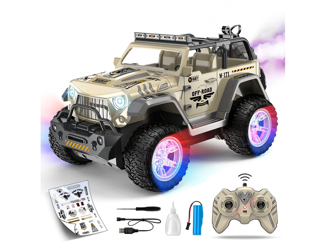 Coche Todoterreno Teledirigido 2.4g Con Pegatinas, Luces Y Spray (color Caqui) Gertiz