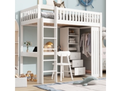 Cama alta, 90*200cm, Escritorio, Armario, 3 Cajones, Espacio Abierto, Pasamanos, Escalera, Colchón No Incluido, Blanco