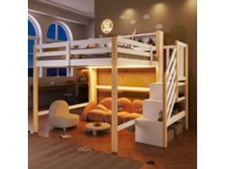Litera Alta 140x200 Cm - Con Luces Led, Gran Almacenamiento, Escalera Y Estante Abierto - Blanco Y Natural