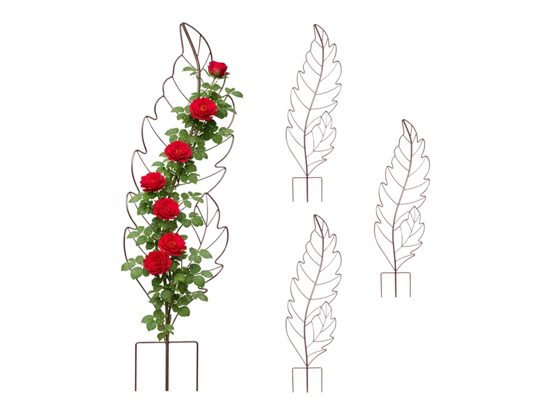 Relaxdays Celosía, Juego De 4, Hxb: 100 X 30 Cm, Forma De Hoja, Metal, Soporte Para Trepadoras, Jardín Y Macetas, Marrón