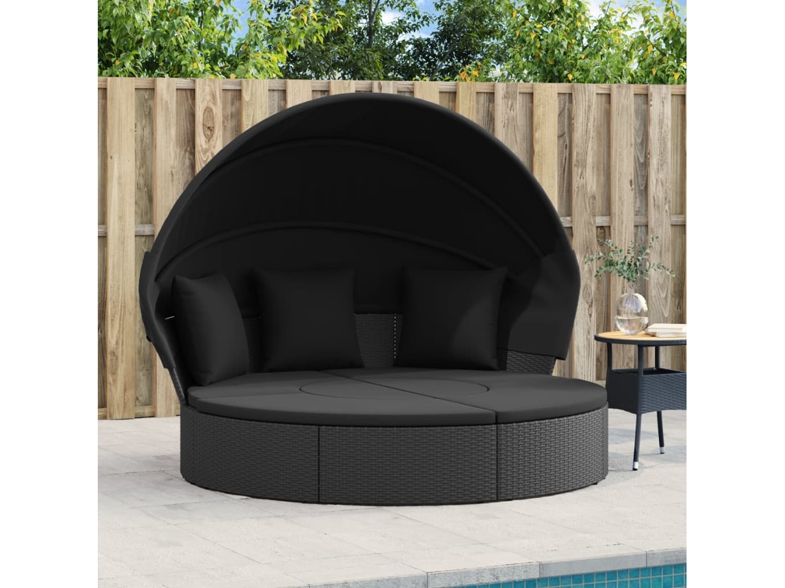 Tumbona de exterior con toldo y cojines de mimbre negro PE DKD HOME DECOR