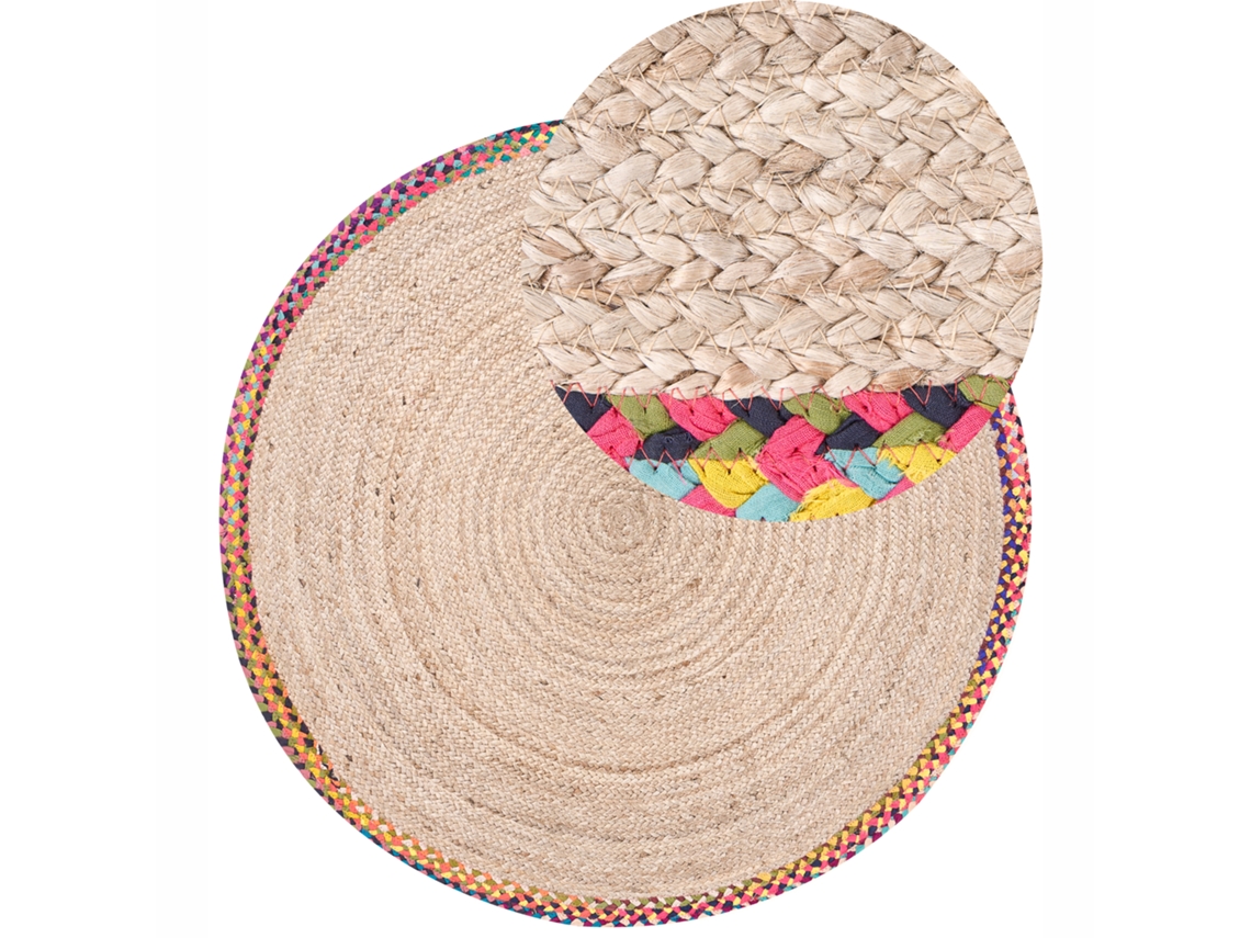 Carpete Redonda Com Borda Colorida Beliani Satara De Juta Creme 120x120