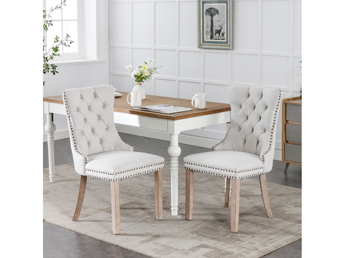 Juego de 2 sillas de comedor MOBRIO tapizadas en lino, modernas, respaldo capitoné y patas de madera beige.