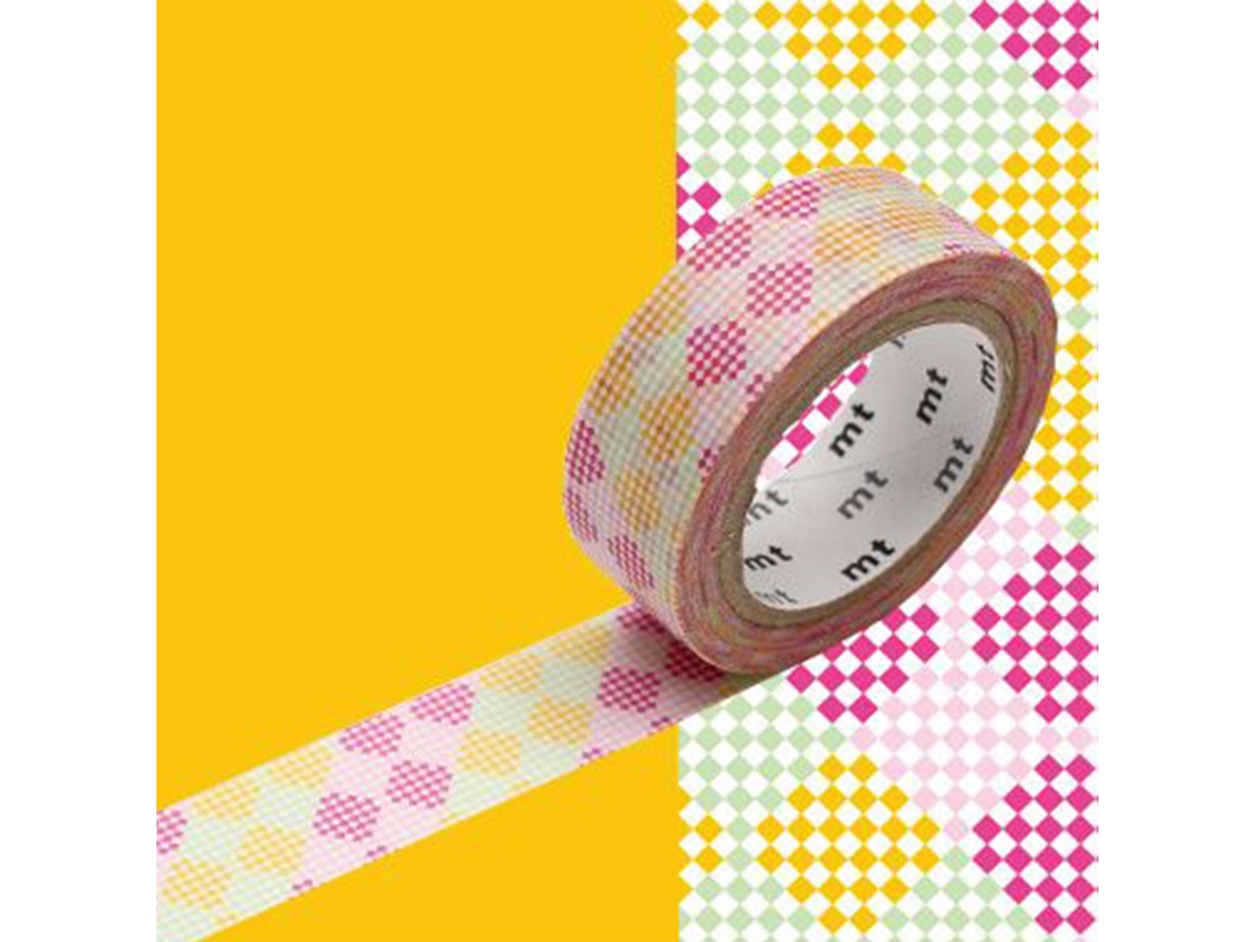 Cinta adhesiva decorativa damero - Rosa y amarillo - 1,5 cmx7 m