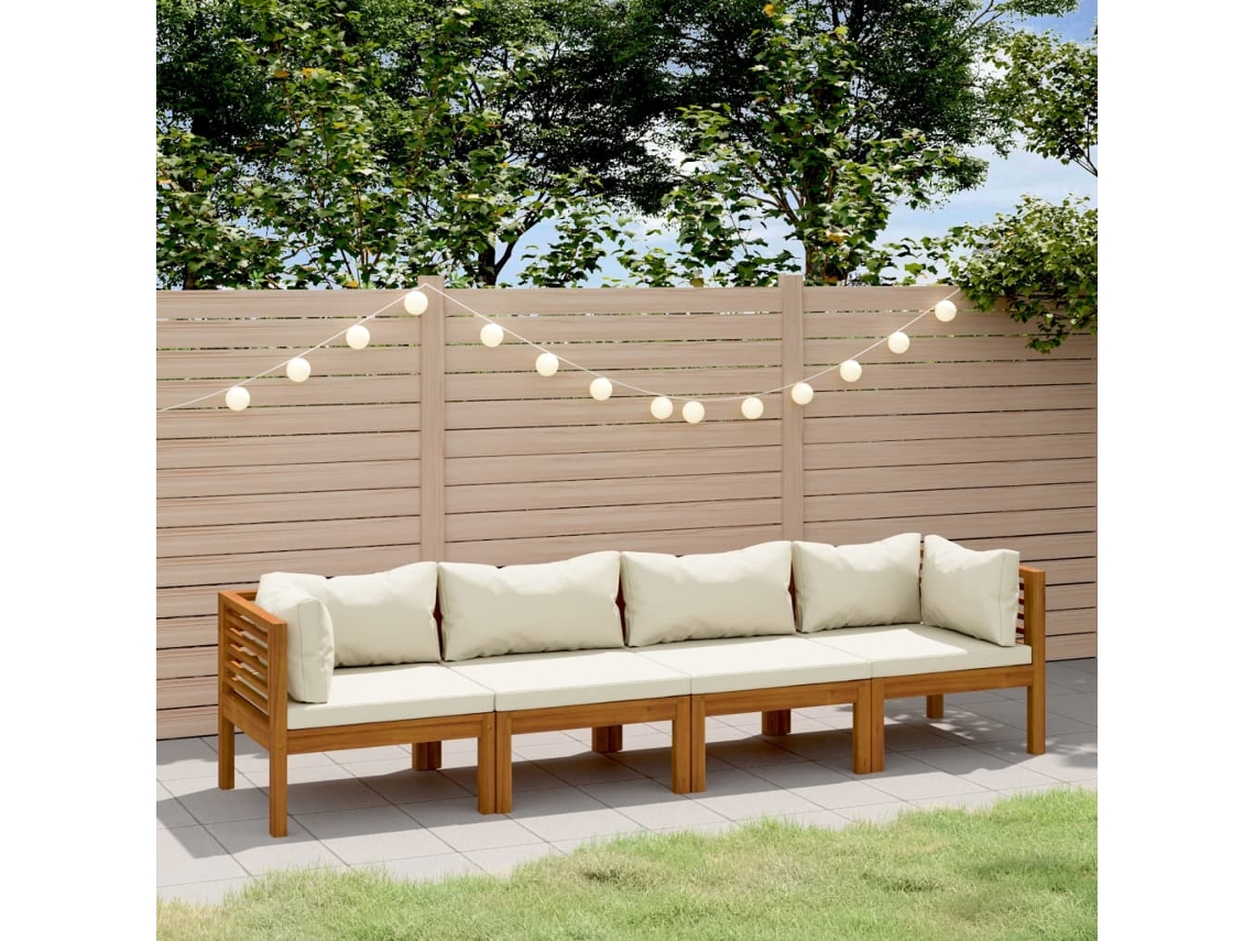 Banco de Jardin 4 Lugares C/ Almofadões Cor Creme Acácia Macíça Dkd Home Decor