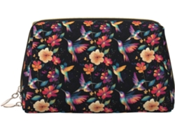 Neceser de maquillaje con estampado de colibríes y colores vibrantes.