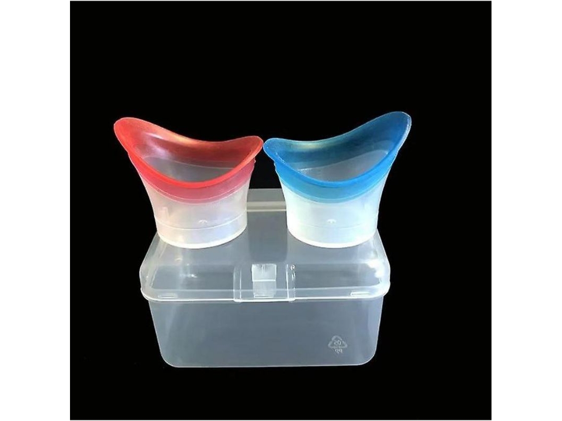 Vaso Para Lavado De Ojos De Silicona Con 2 Compartimentos. Limpia Los Ojos Eficazmente. Transparente. Color Rosa Y Azul.