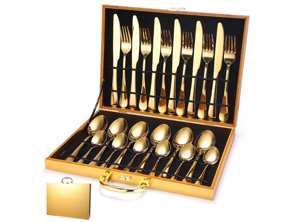 Juego de cubiertos de acero inoxidable MDUG con cuchillos, tenedores y cucharas de acero inoxidable (caja de madera dorada de 24 piezas)