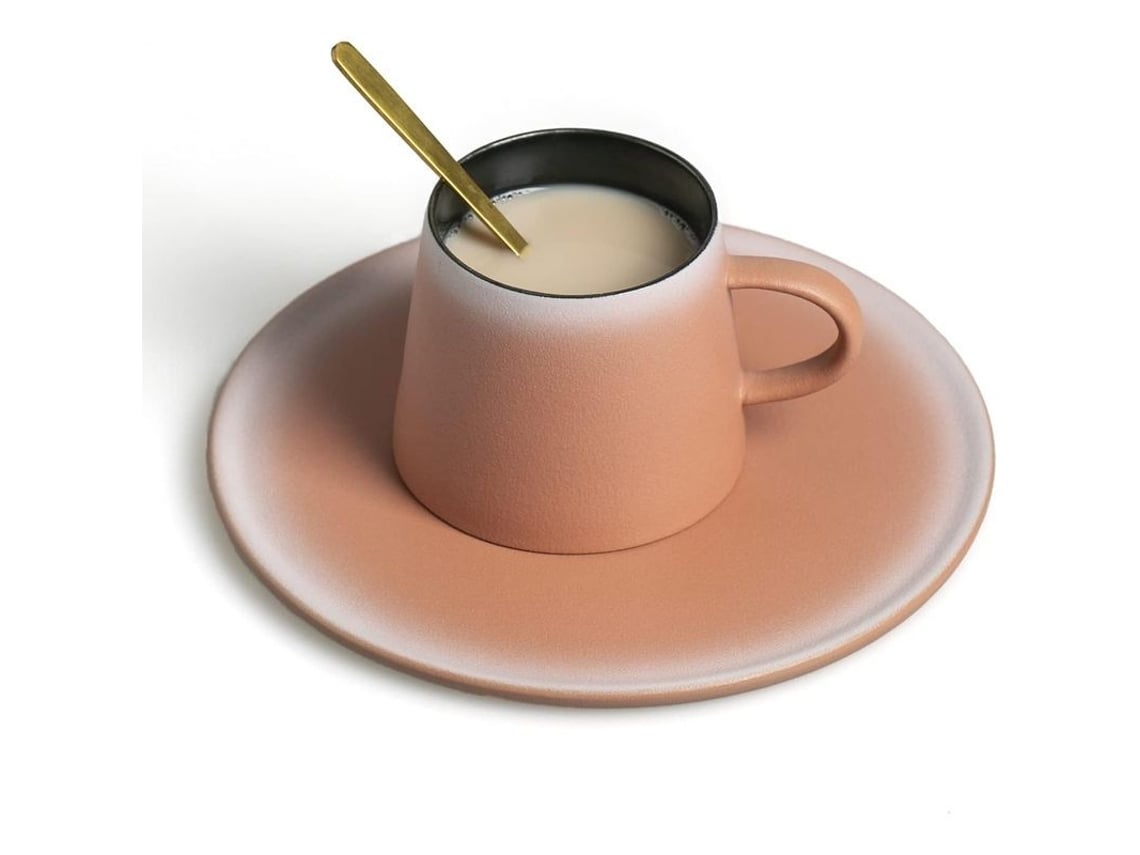 2026-33482-set De Taza De Café Con Plato Y Cuchara Dorada, Taza De Cerámica Rosa 7 Oz