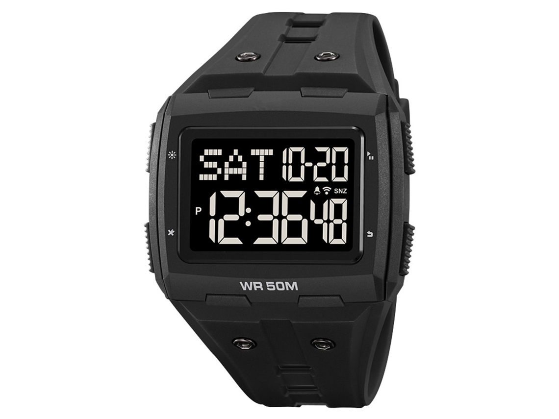 Reloj Deportivo Digital, Resistente Al Agua Hasta 50 M, Doble Huso Horario, Luz Nocturna, Correa De Tpr, Unisex, Negro Y Plateado.